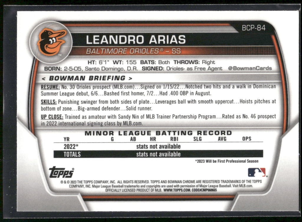 2023 Bowman #BCP-84 Leandro Arias Chrome Prospects