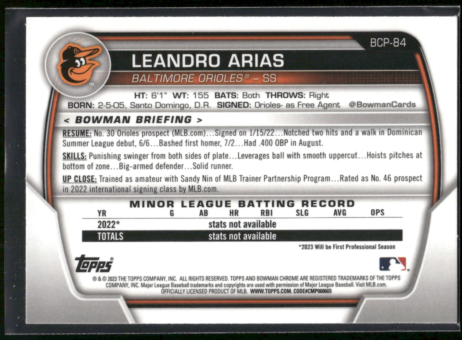 2023 Bowman #BCP-84 Leandro Arias Chrome Prospects