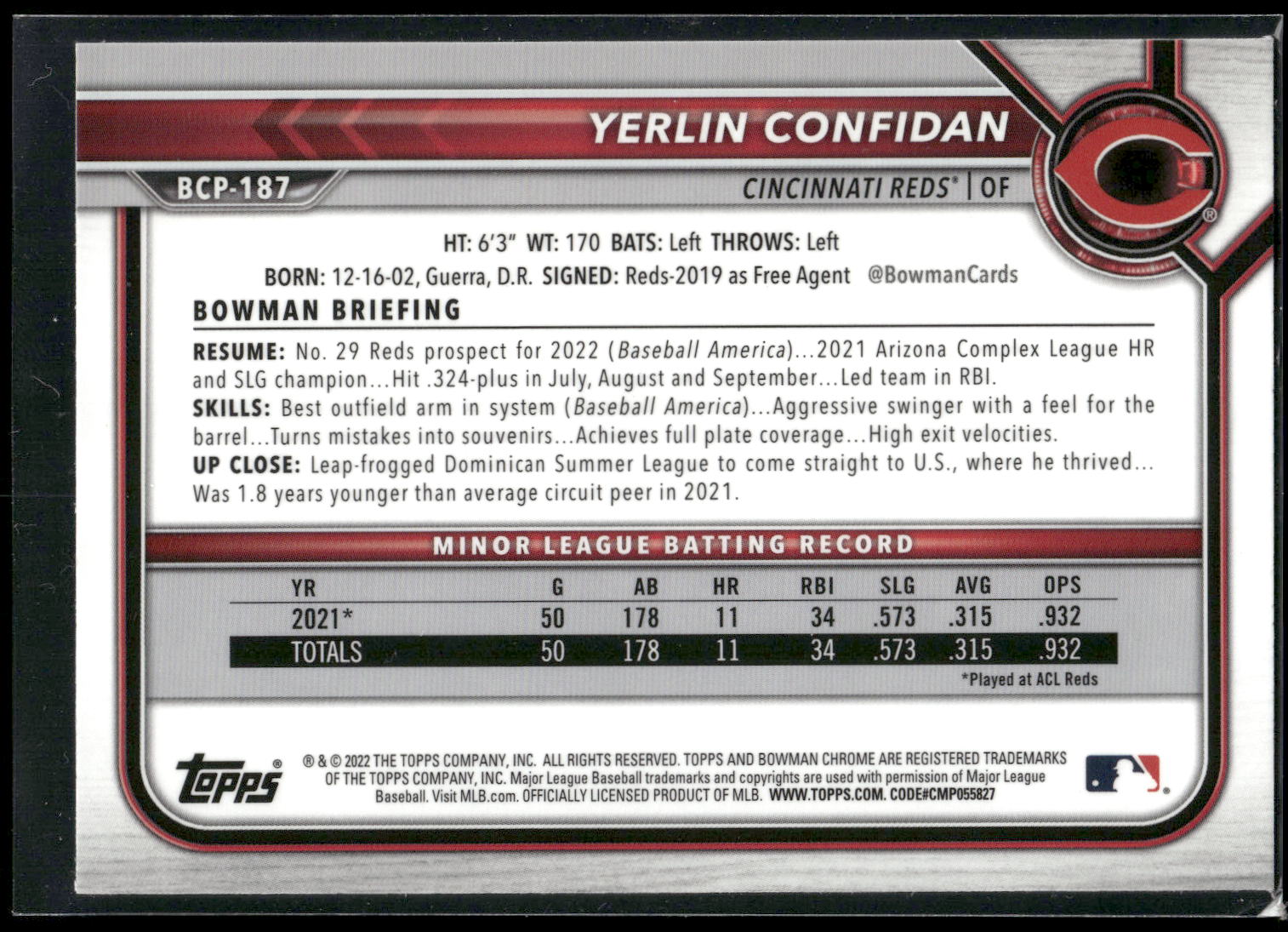 2022 Bowman Chrome #BCP-187 Yerlin Confidan Prospects
