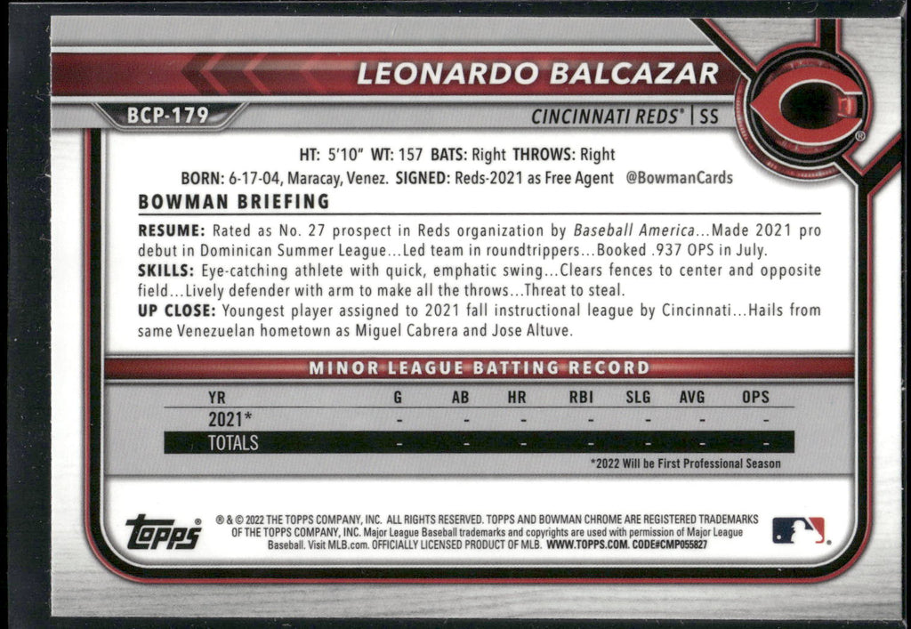 2022 Bowman Chrome #BCP-179 Leonardo Balcazar Prospects