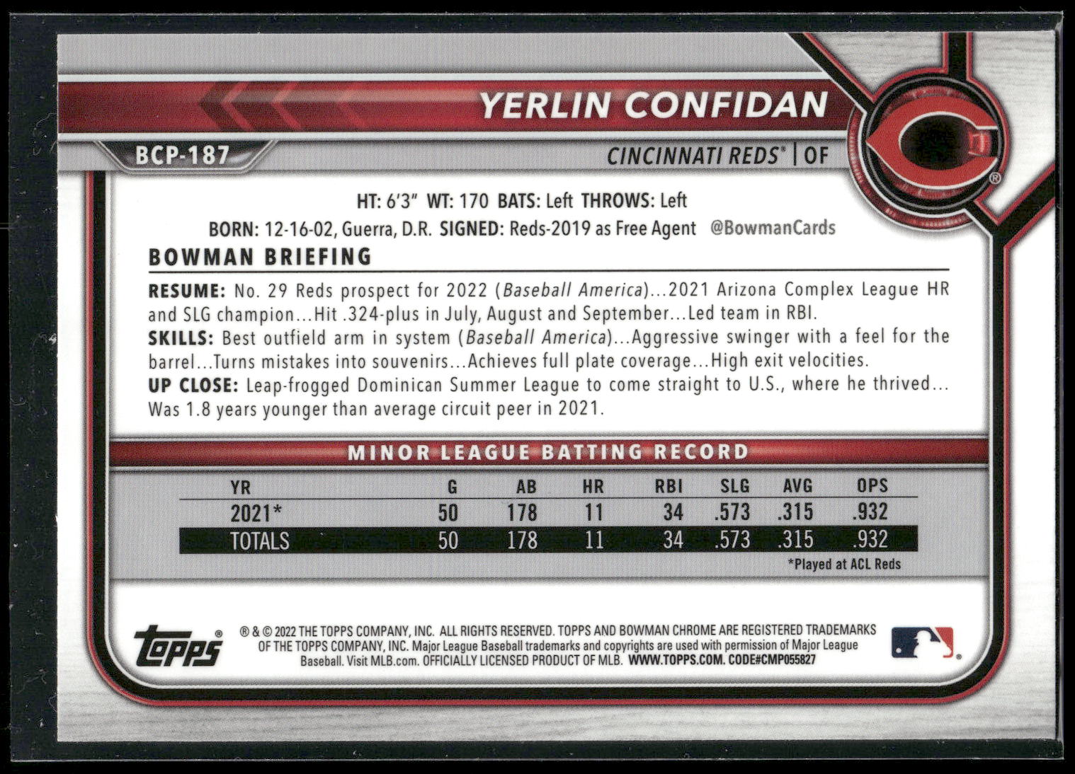 2022 Bowman Chrome #BCP-187 Yerlin Confidan Prospects