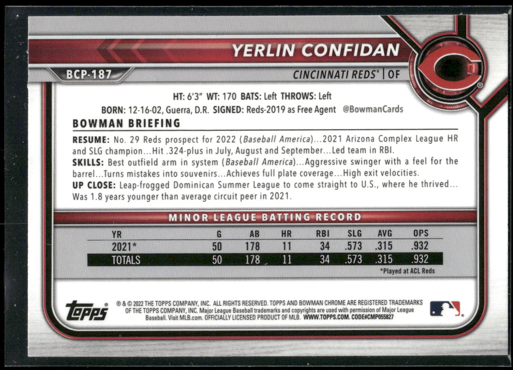 2022 Bowman Chrome #BCP-187 Yerlin Confidan Prospects