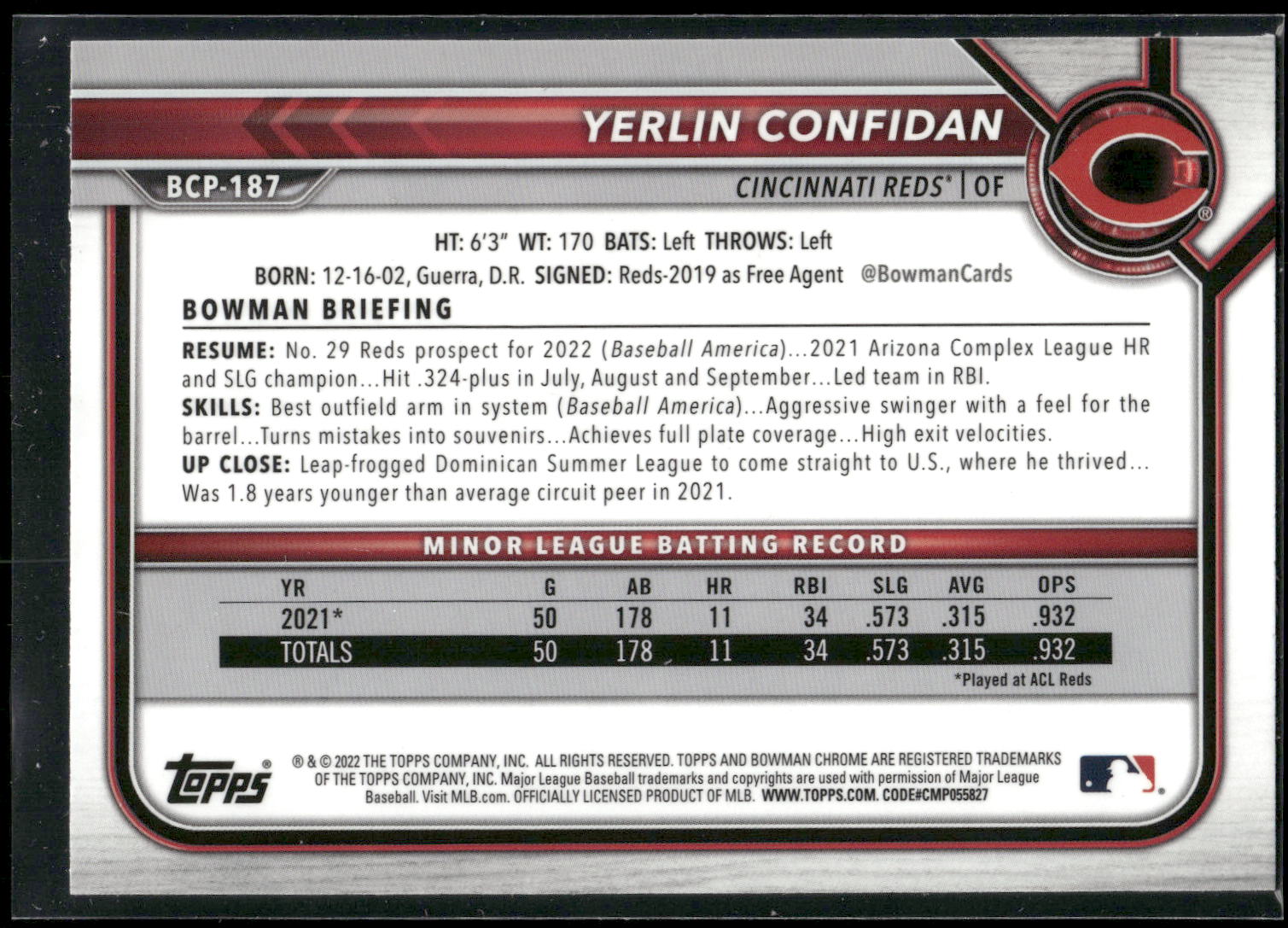 2022 Bowman Chrome #BCP-187 Yerlin Confidan Prospects