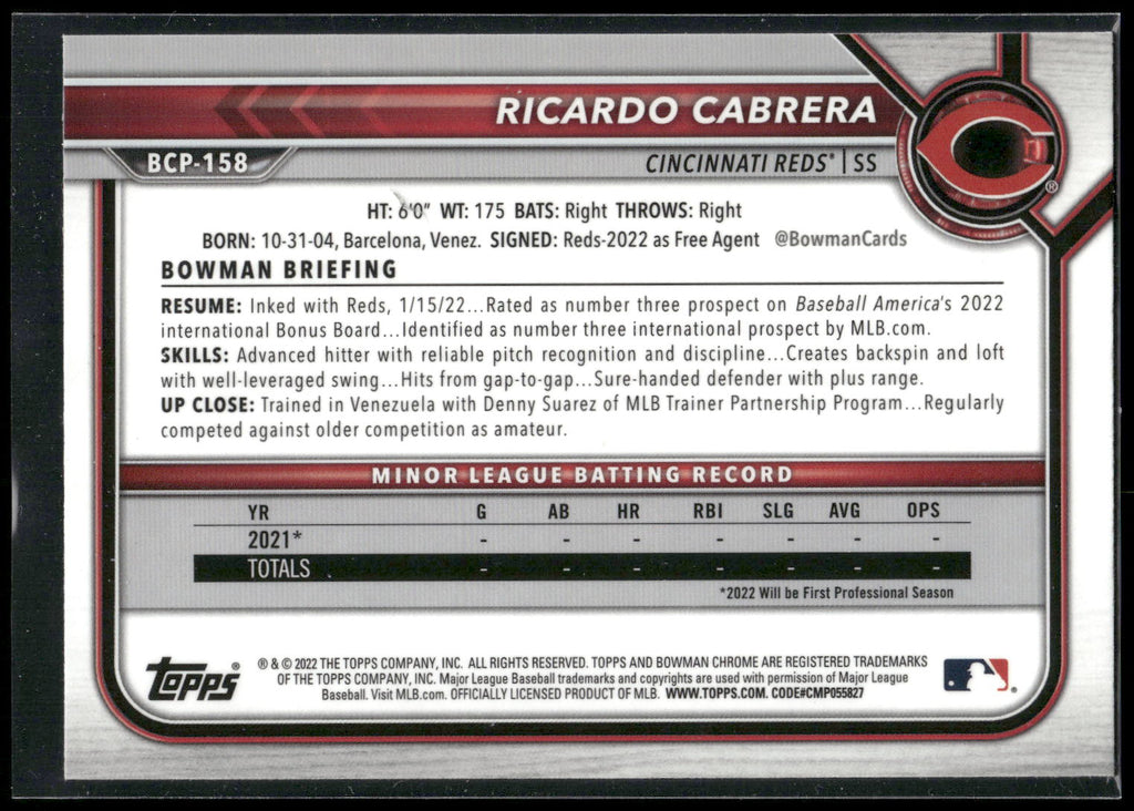 2022 Bowman Chrome #BCP-158 Ricardo Cabrera Prospects