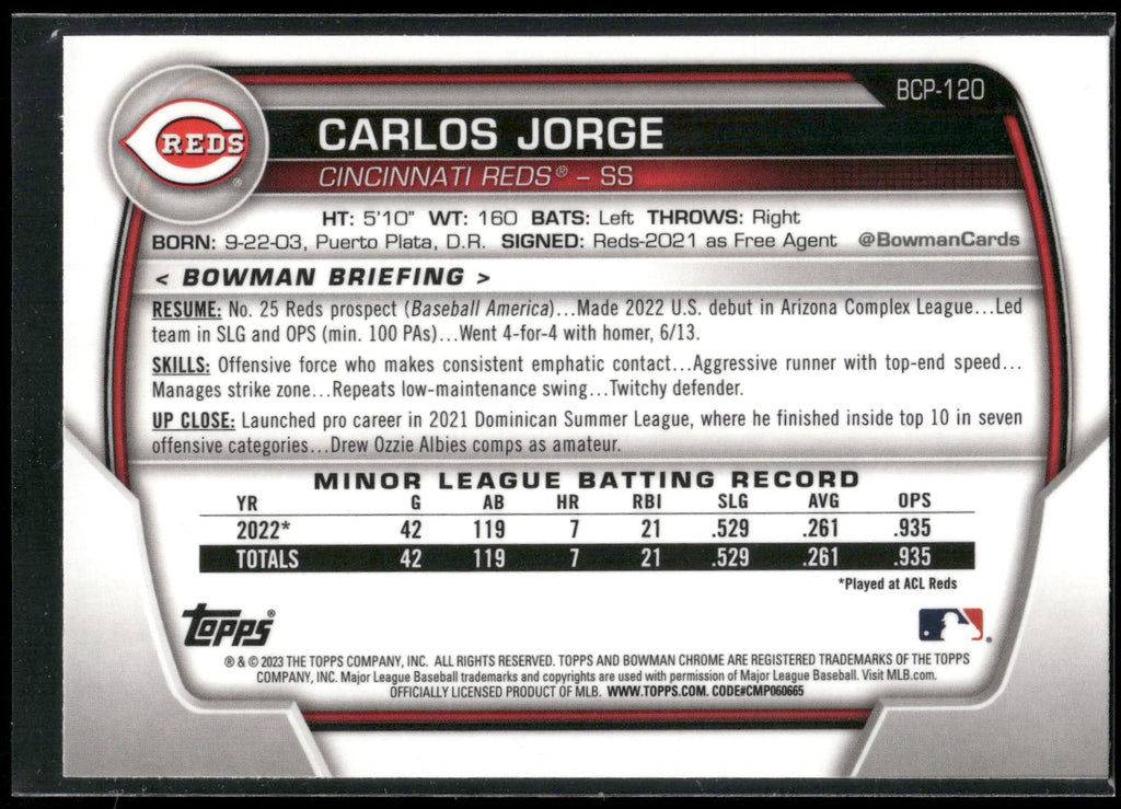 2023 Bowman #BCP-120 Carlos Jorge Chrome Prospects