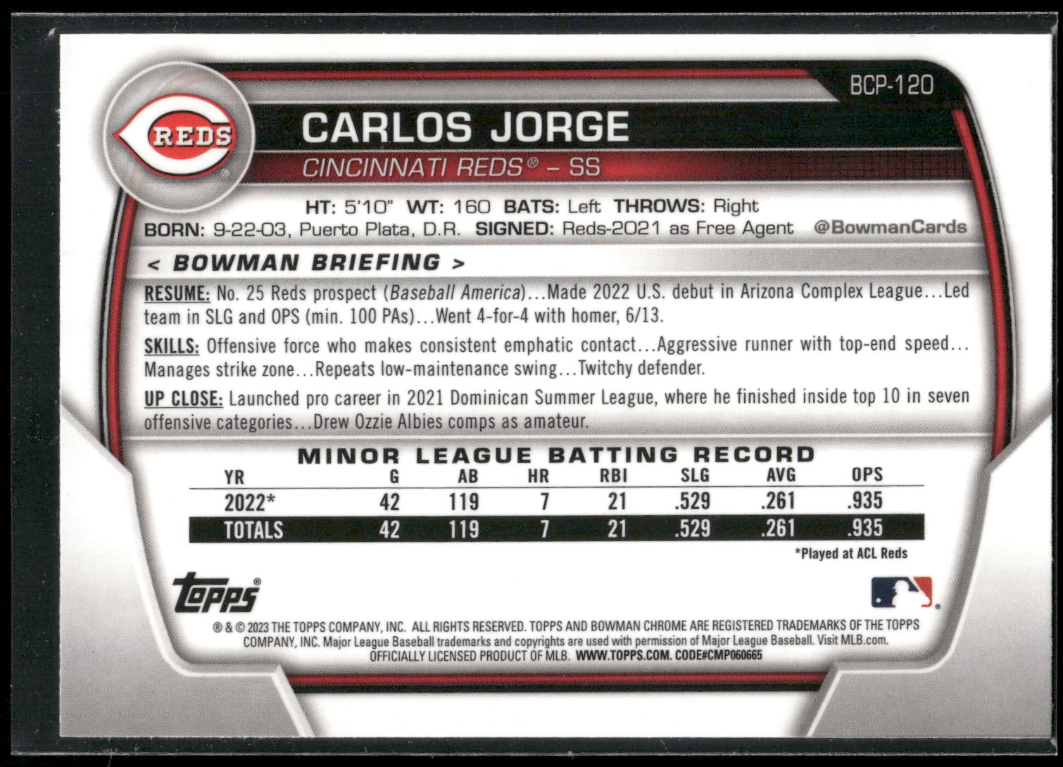 2023 Bowman #BCP-120 Carlos Jorge Chrome Prospects
