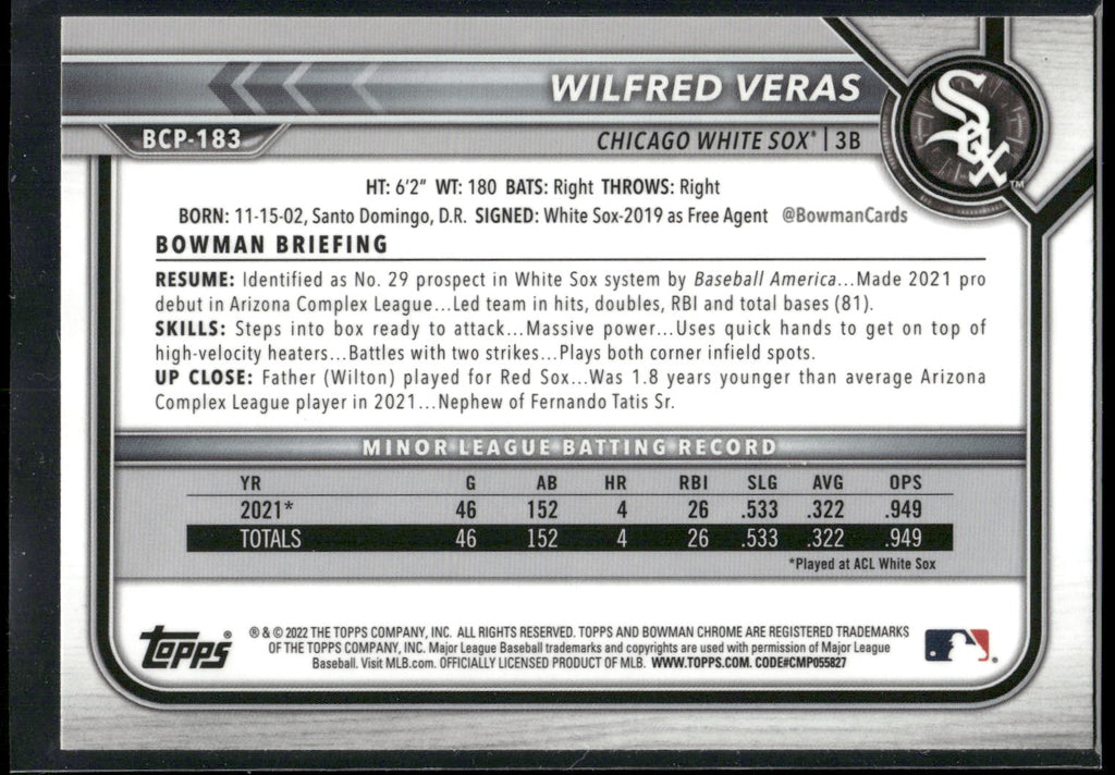2022 Bowman Chrome #BCP-183 Wilfred Veras Prospects