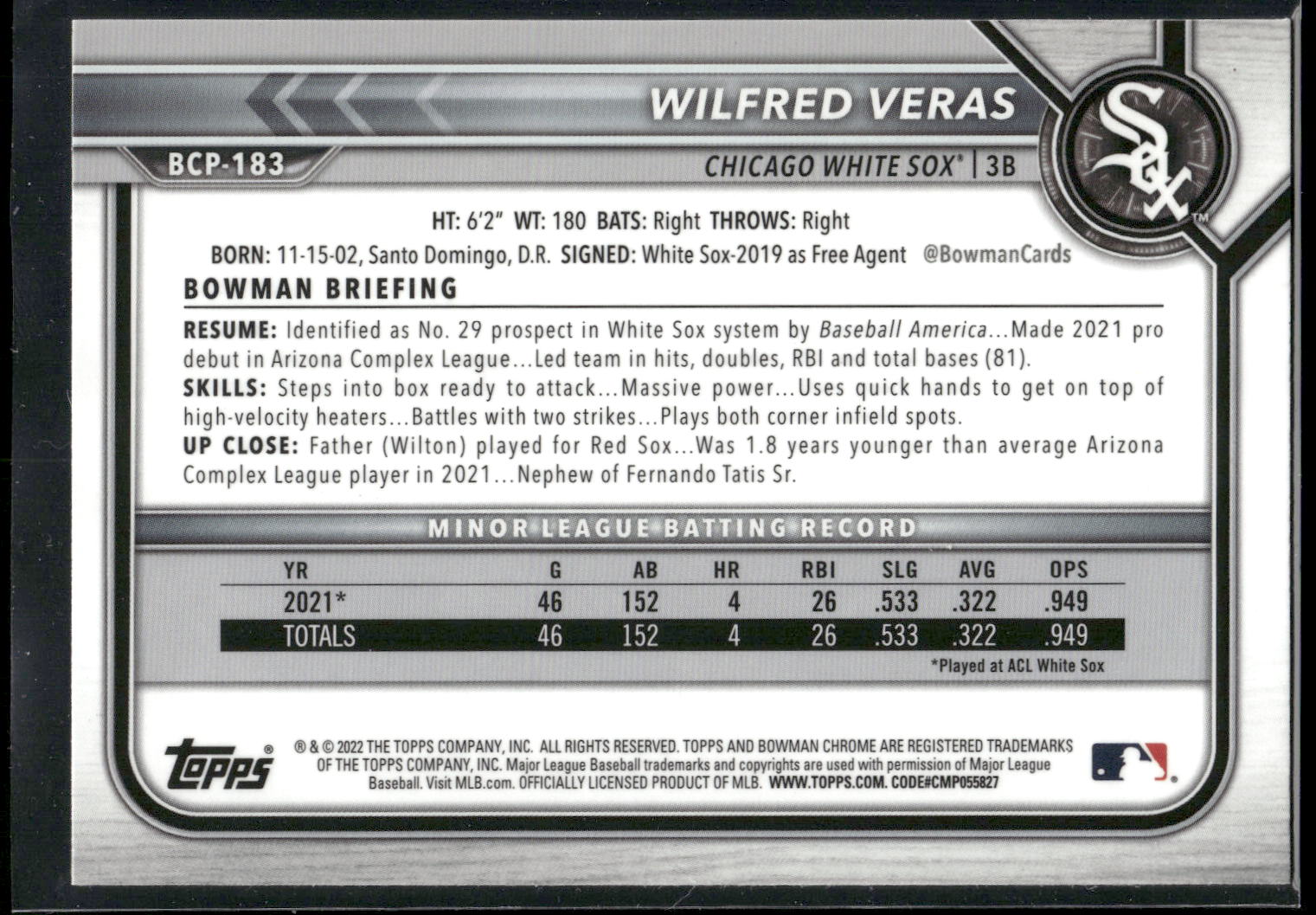 2022 Bowman Chrome #BCP-183 Wilfred Veras Prospects