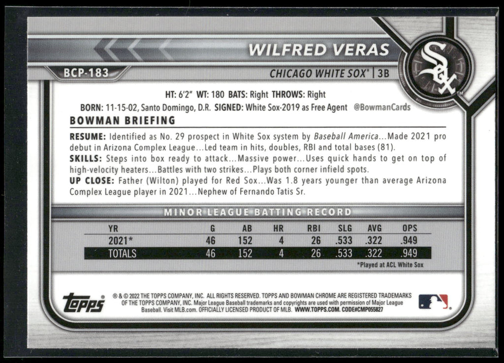 2022 Bowman Chrome #BCP-183 Wilfred Veras Prospects