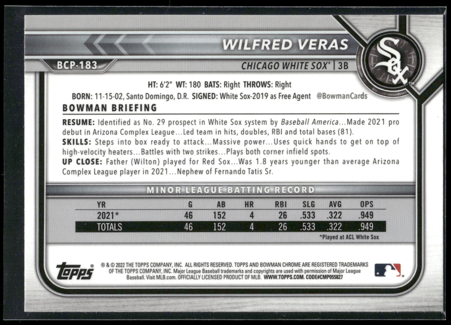 2022 Bowman Chrome #BCP-183 Wilfred Veras Prospects