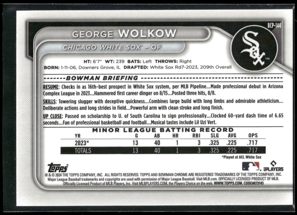 2024 Bowman #BCP-144 George Wolkow Chrome Prospects