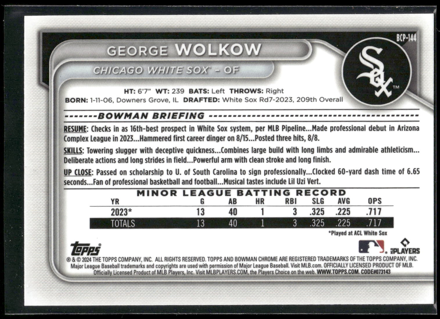2024 Bowman #BCP-144 George Wolkow Chrome Prospects