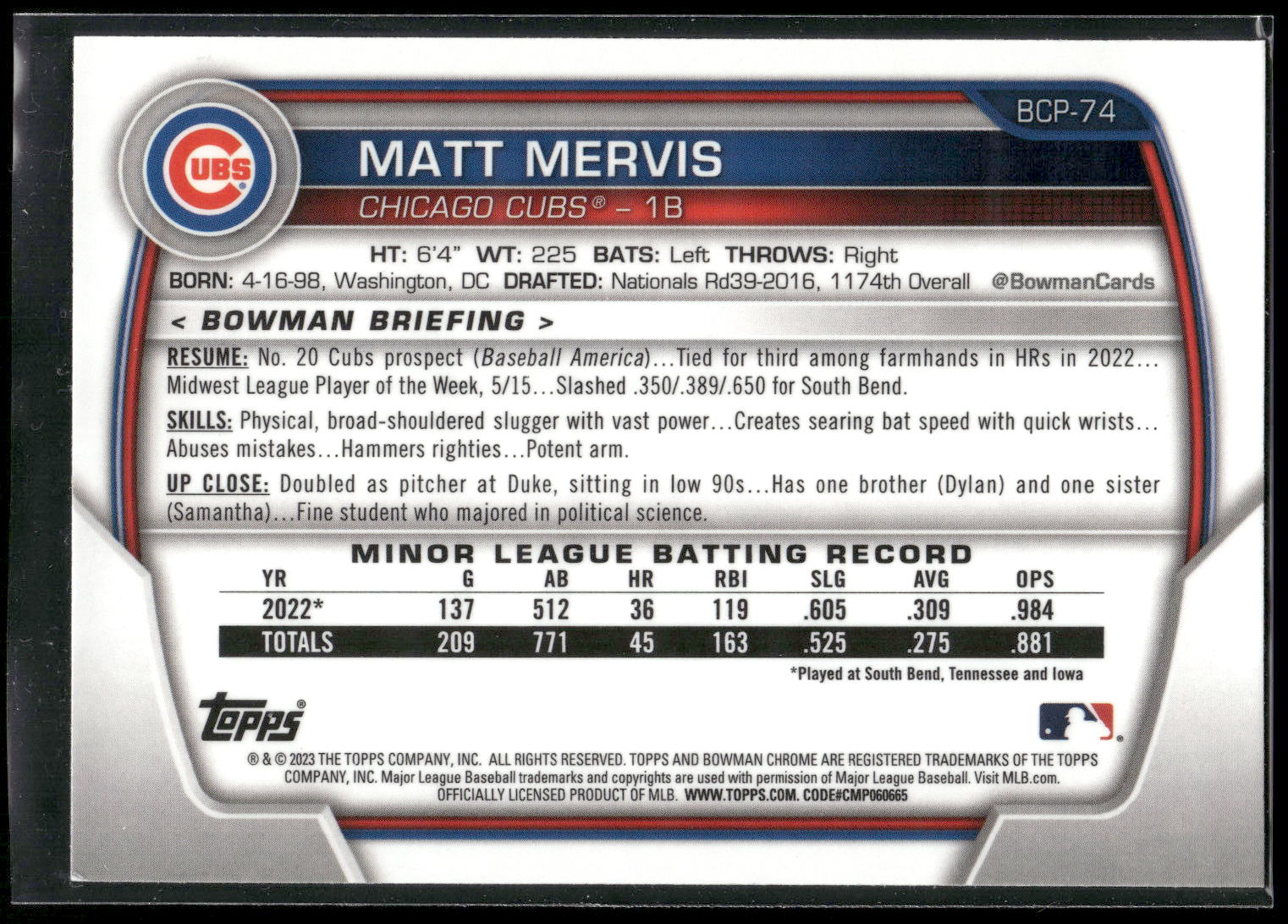 2023 Bowman #BCP-74 Matt Mervis Chrome Prospects