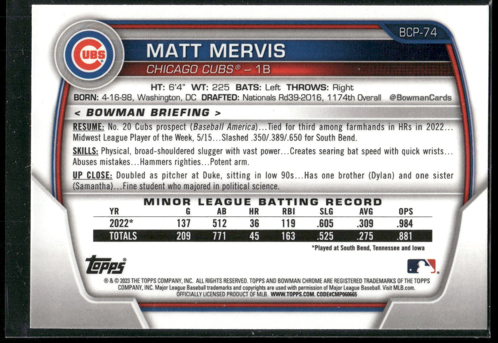 2023 Bowman #BCP-74 Matt Mervis Chrome Prospects