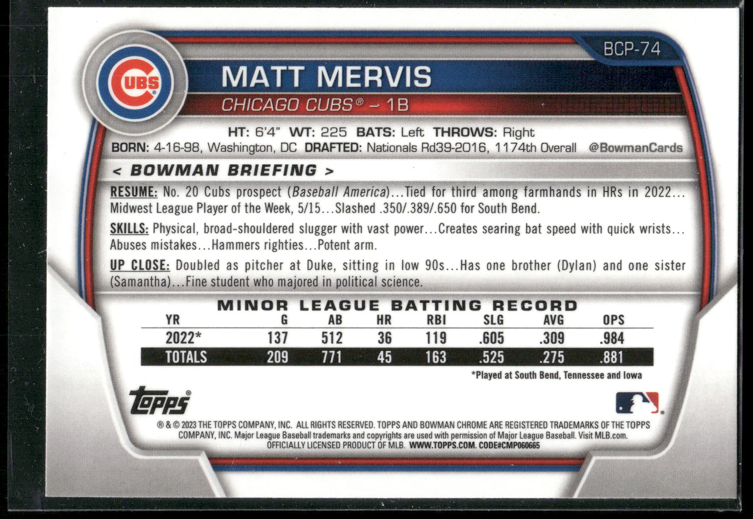 2023 Bowman #BCP-74 Matt Mervis Chrome Prospects