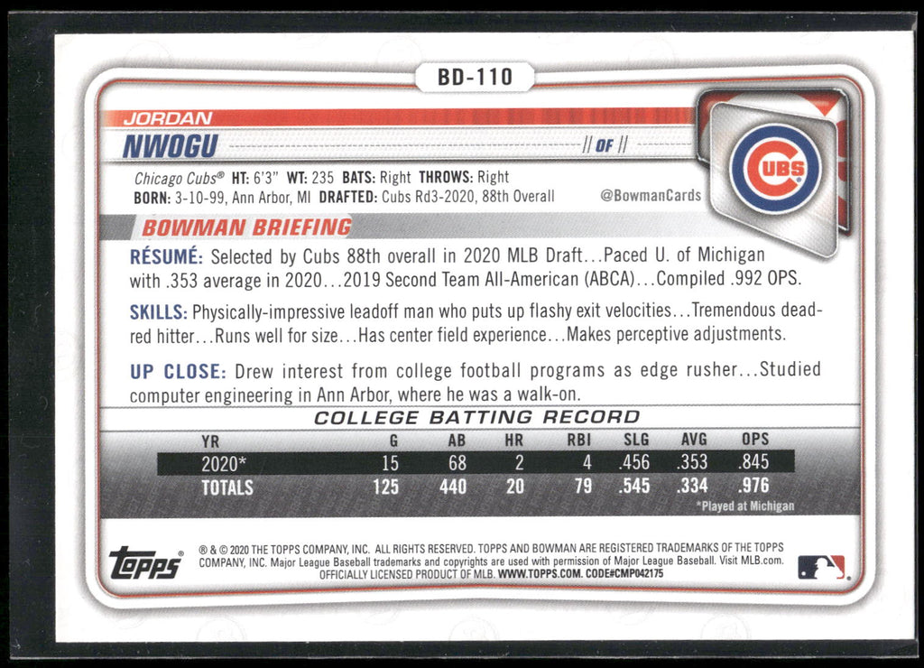 2020 Bowman Draft #BD-110 Jordan Nwogu