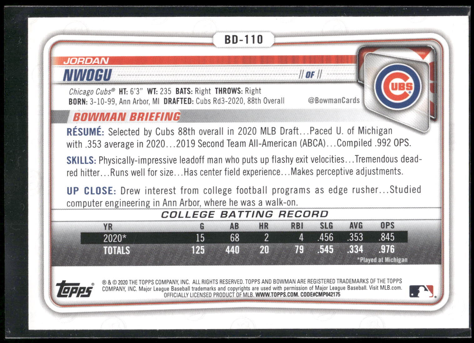 2020 Bowman Draft #BD-110 Jordan Nwogu