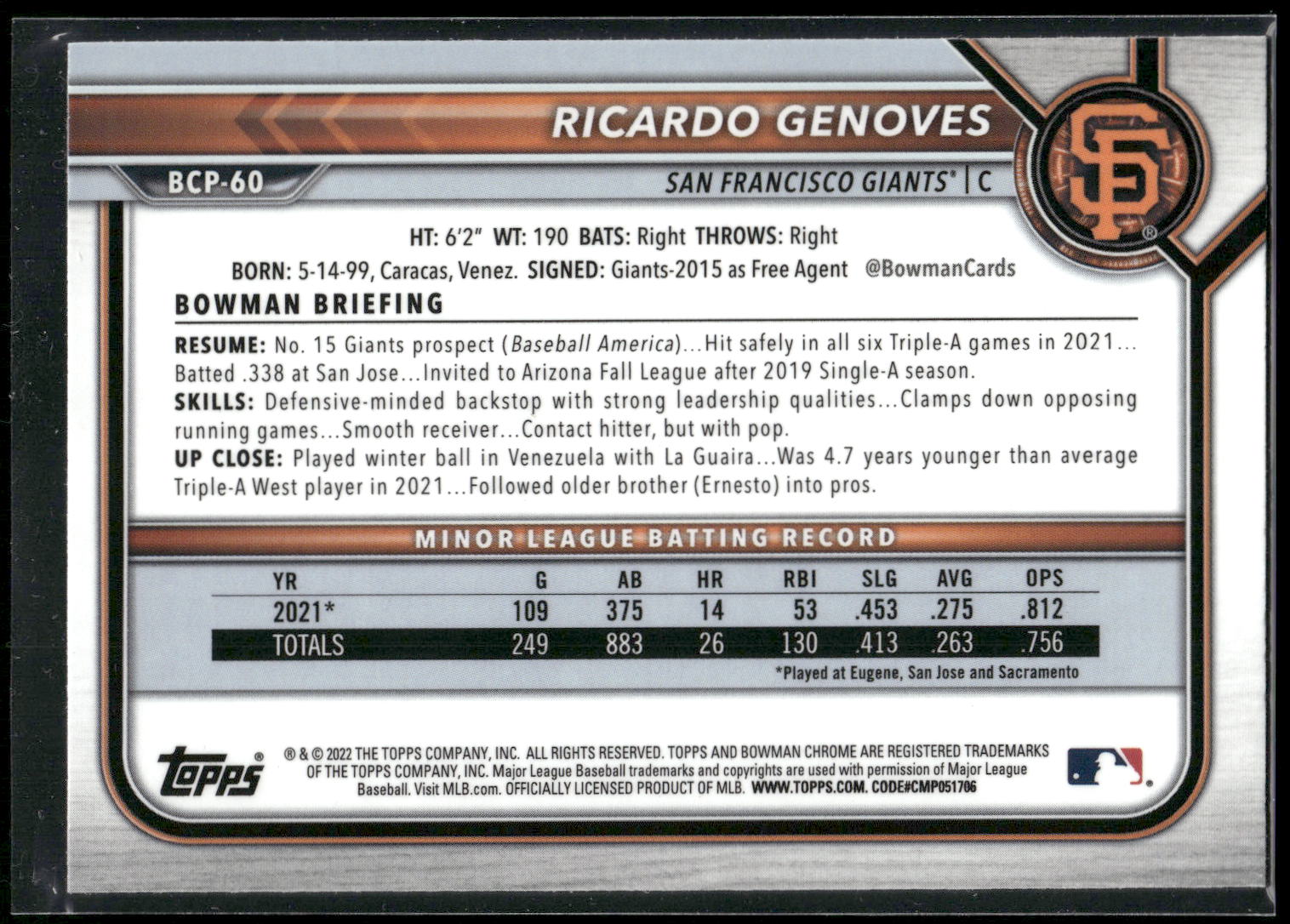 2022 Bowman #BCP-60 Ricardo Genoves Chrome Prospects