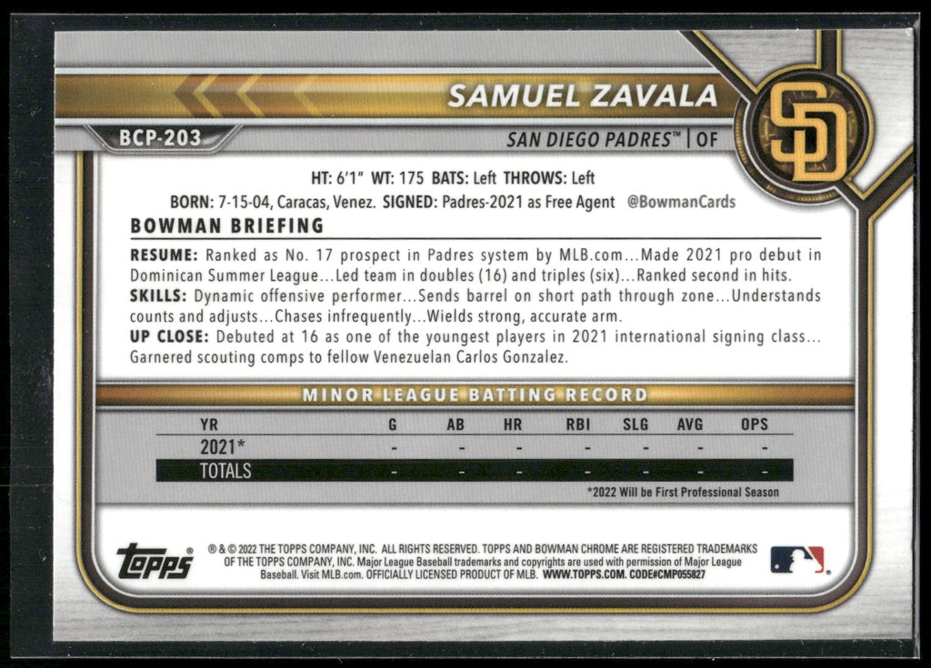 2022 Bowman Chrome #BCP-203 Samuel Zavala Prospects