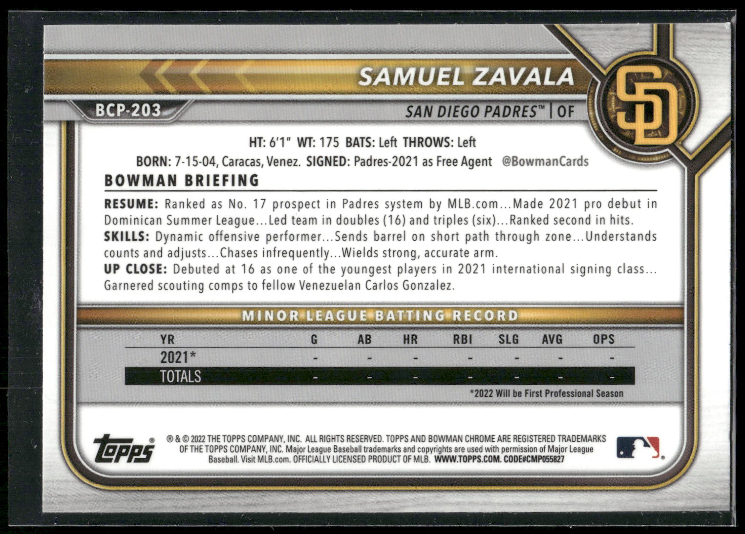2022 Bowman Chrome #BCP-203 Samuel Zavala Prospects