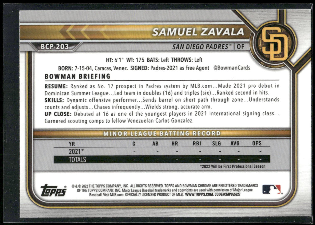 2022 Bowman Chrome #BCP-203 Samuel Zavala Prospects