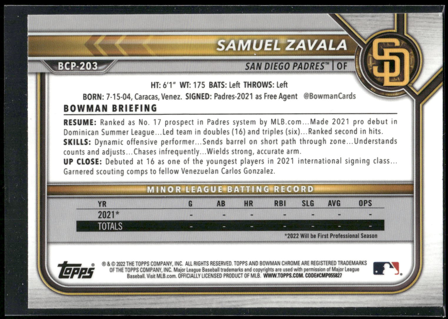 2022 Bowman Chrome #BCP-203 Samuel Zavala Prospects