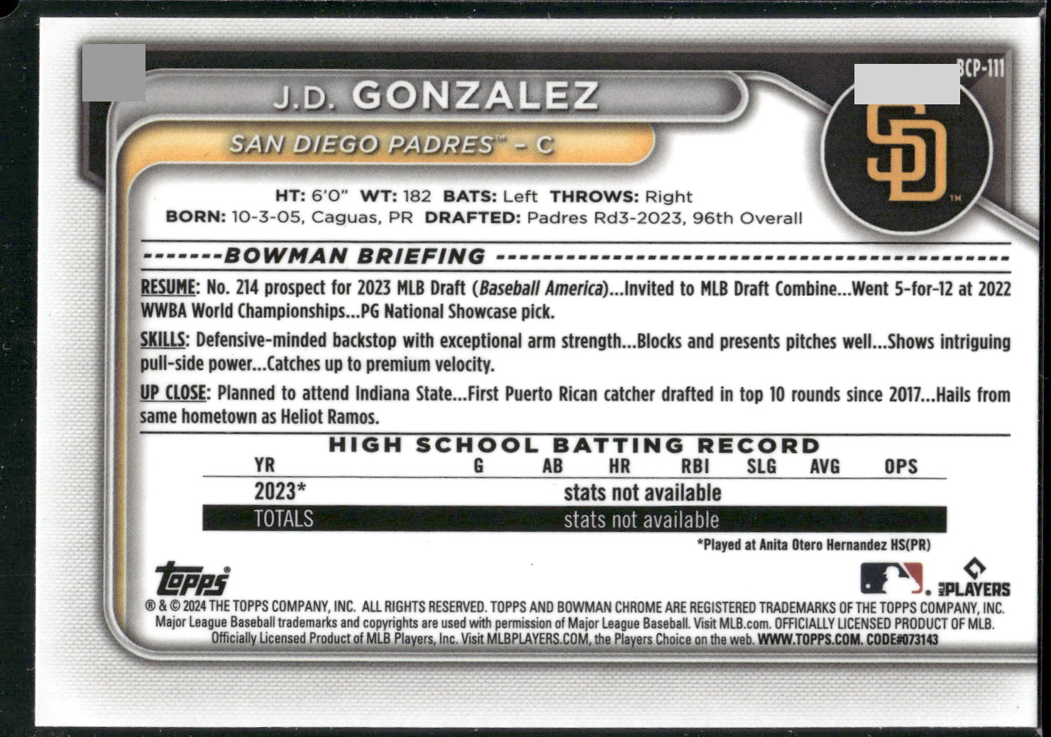 2024 Bowman #BCP-111 J.D. Gonzalez Chrome Prospects