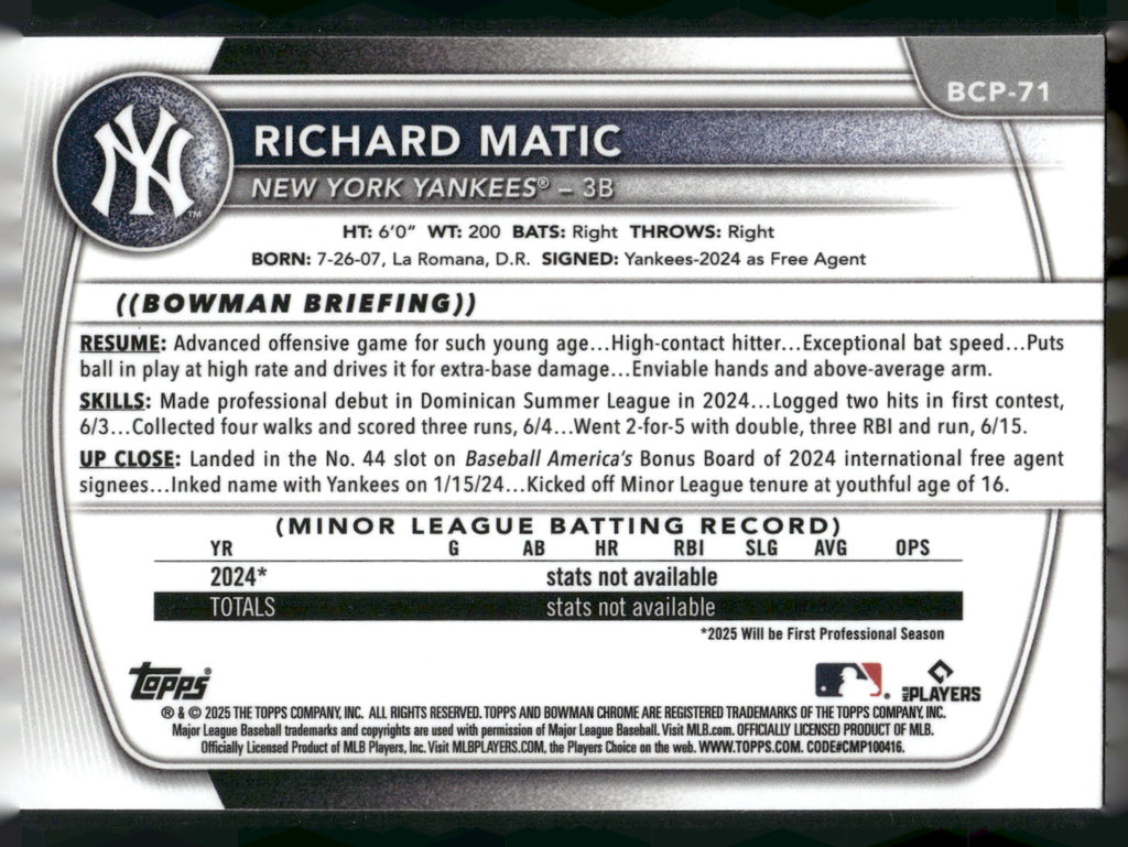 2025 Bowman #BCP-71 Richard Matic Chrome Prospects Reptilian Refractor