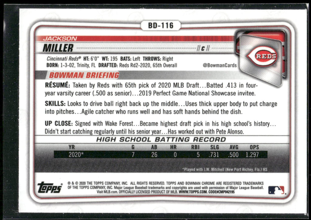 2020 Bowman Draft #BD-116 Jackson Miller Chrome