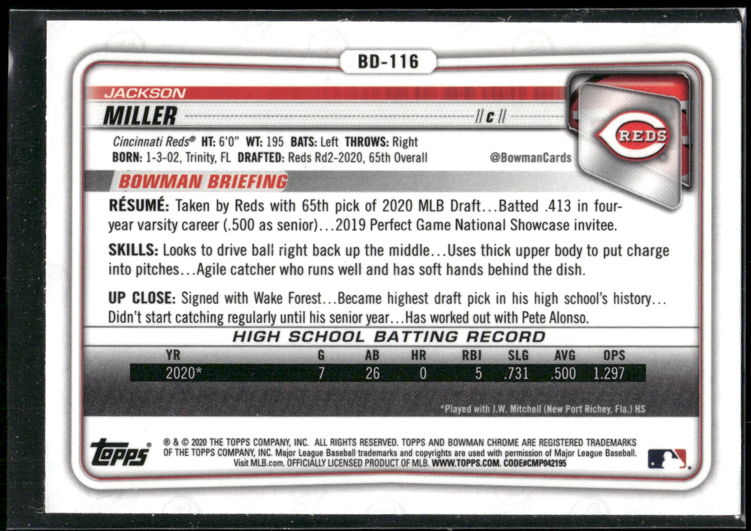 2020 Bowman Draft #BD-116 Jackson Miller Chrome