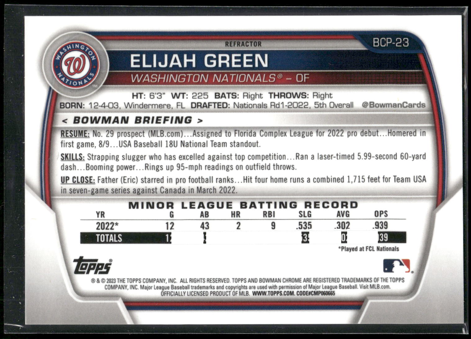 2023 Bowman #BCP-23 Elijah Green Chrome Prospects Refractors #/499