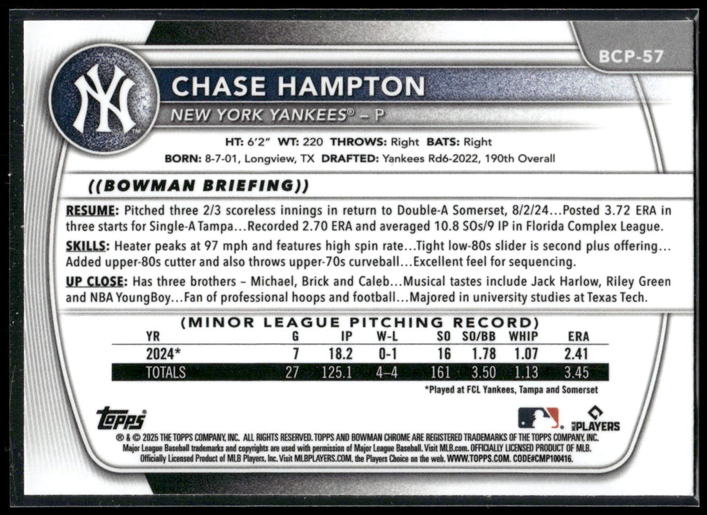 2025 Bowman #BCP-57 Chase Hampton Chrome Prospects