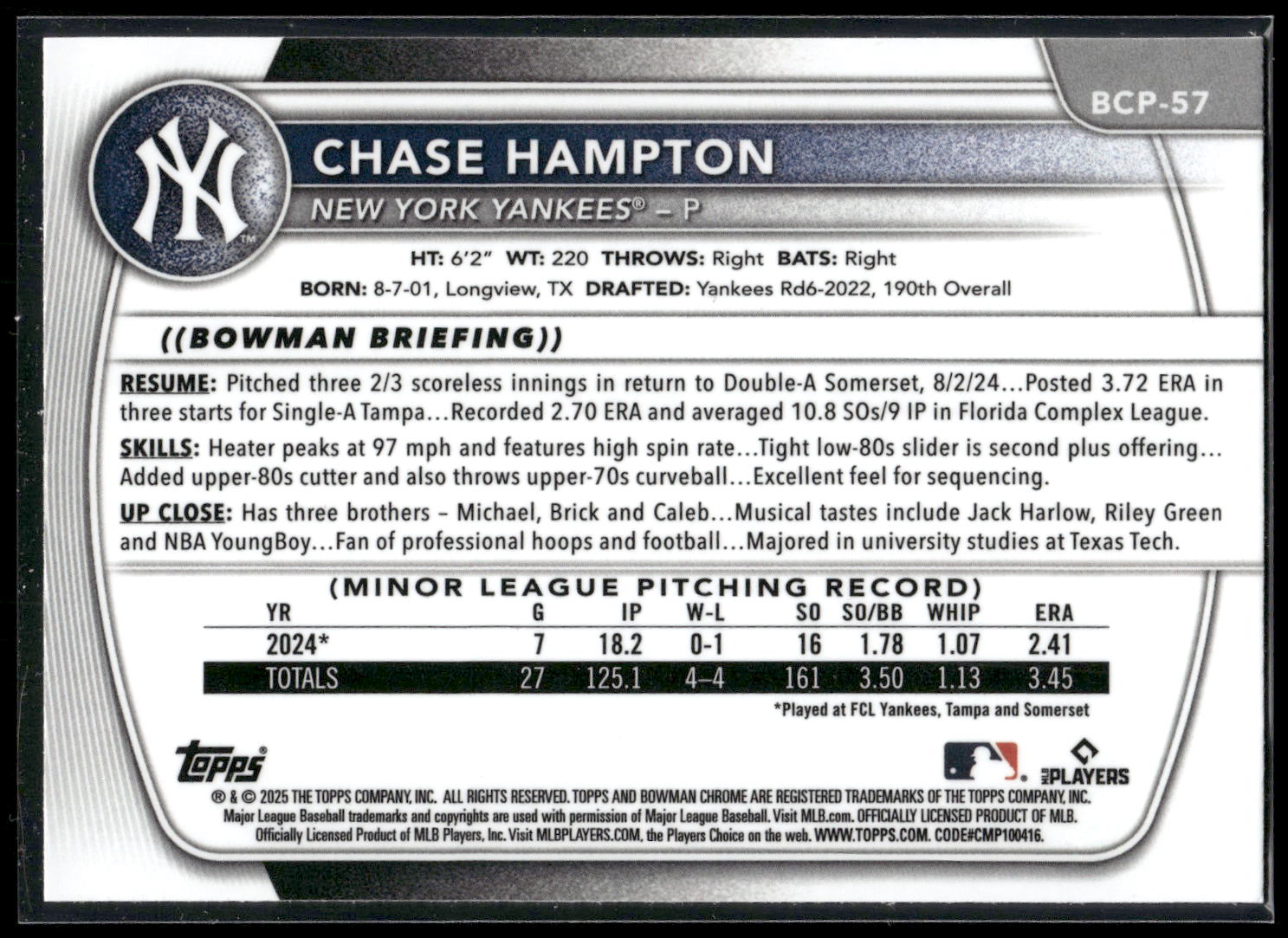 2025 Bowman #BCP-57 Chase Hampton Chrome Prospects