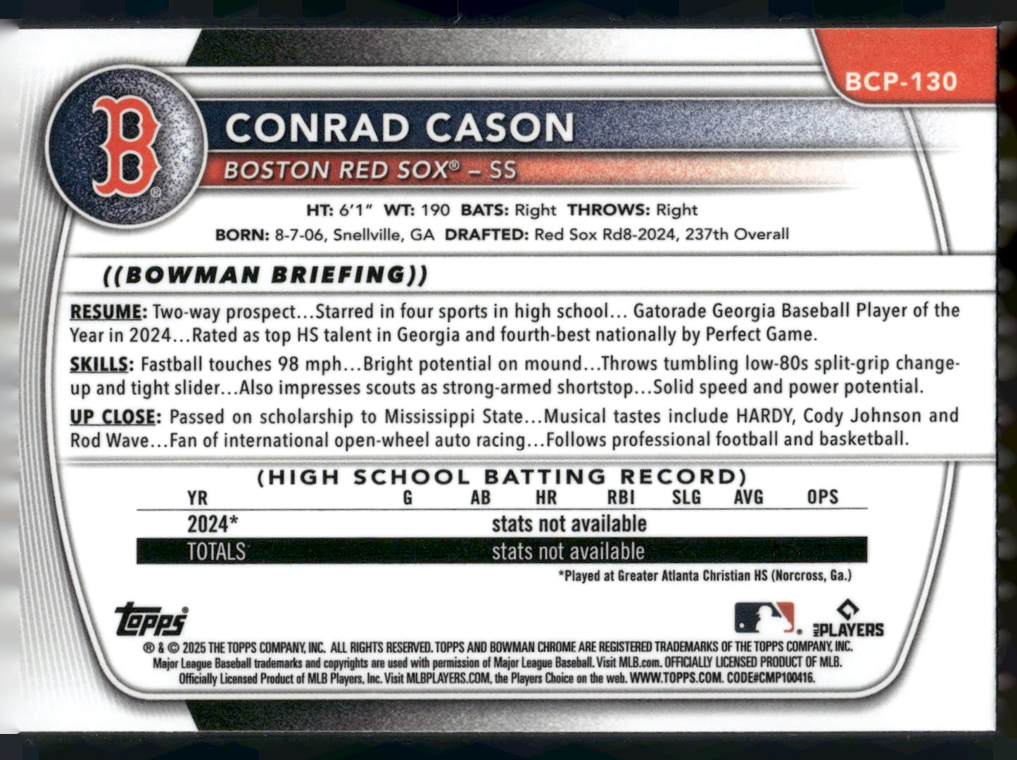 2025 Bowman #BCP-130 Conrad Cason Chrome Prospects