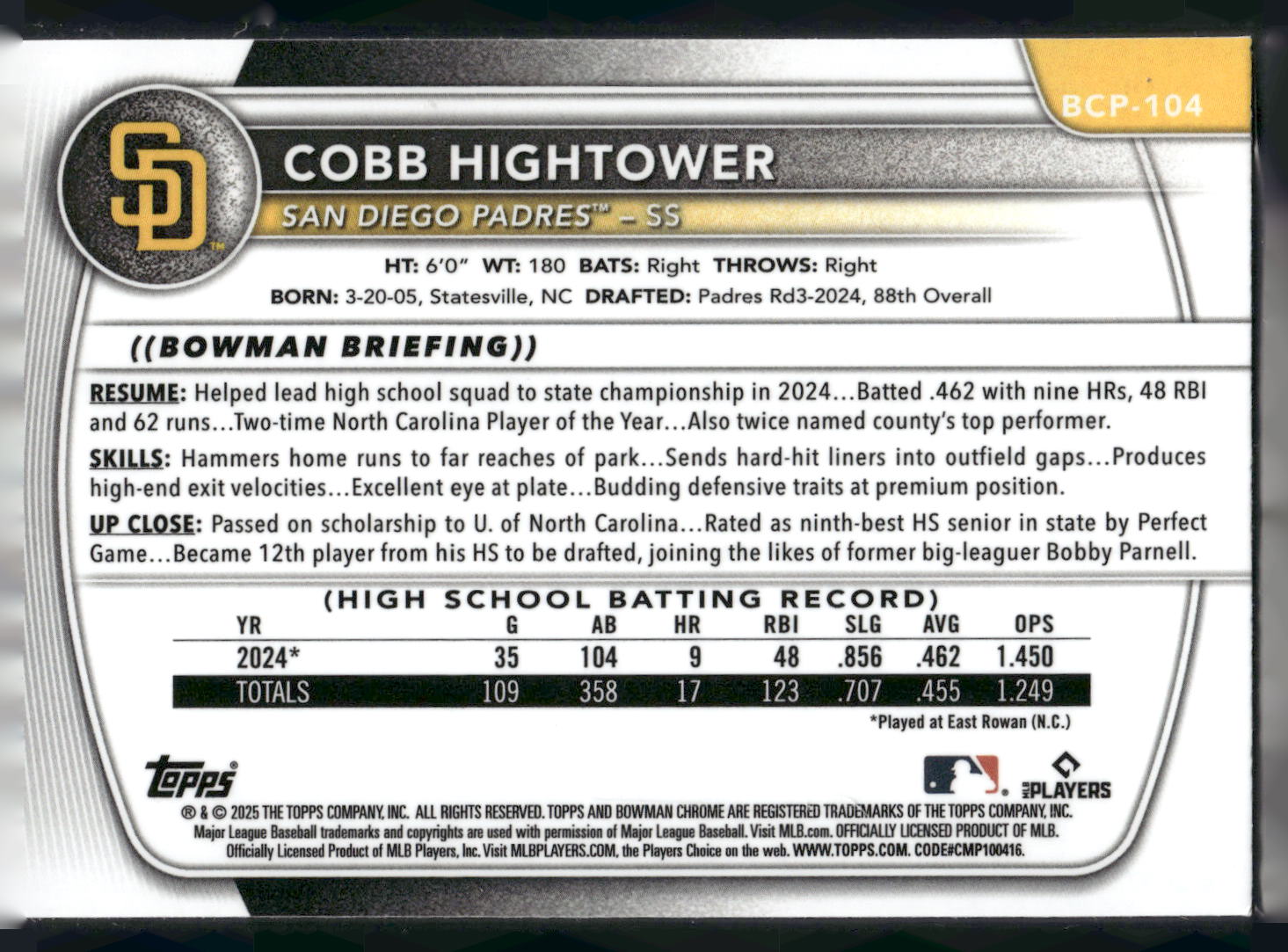 2025 Bowman #BCP-104 Cobb Hightower Chrome Prospects
