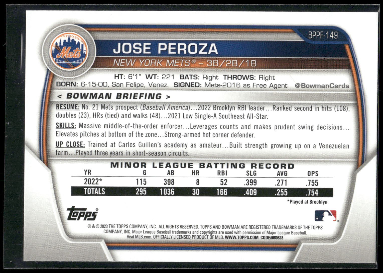 2023 Bowman #BP-149 Jose Peroza Prospects