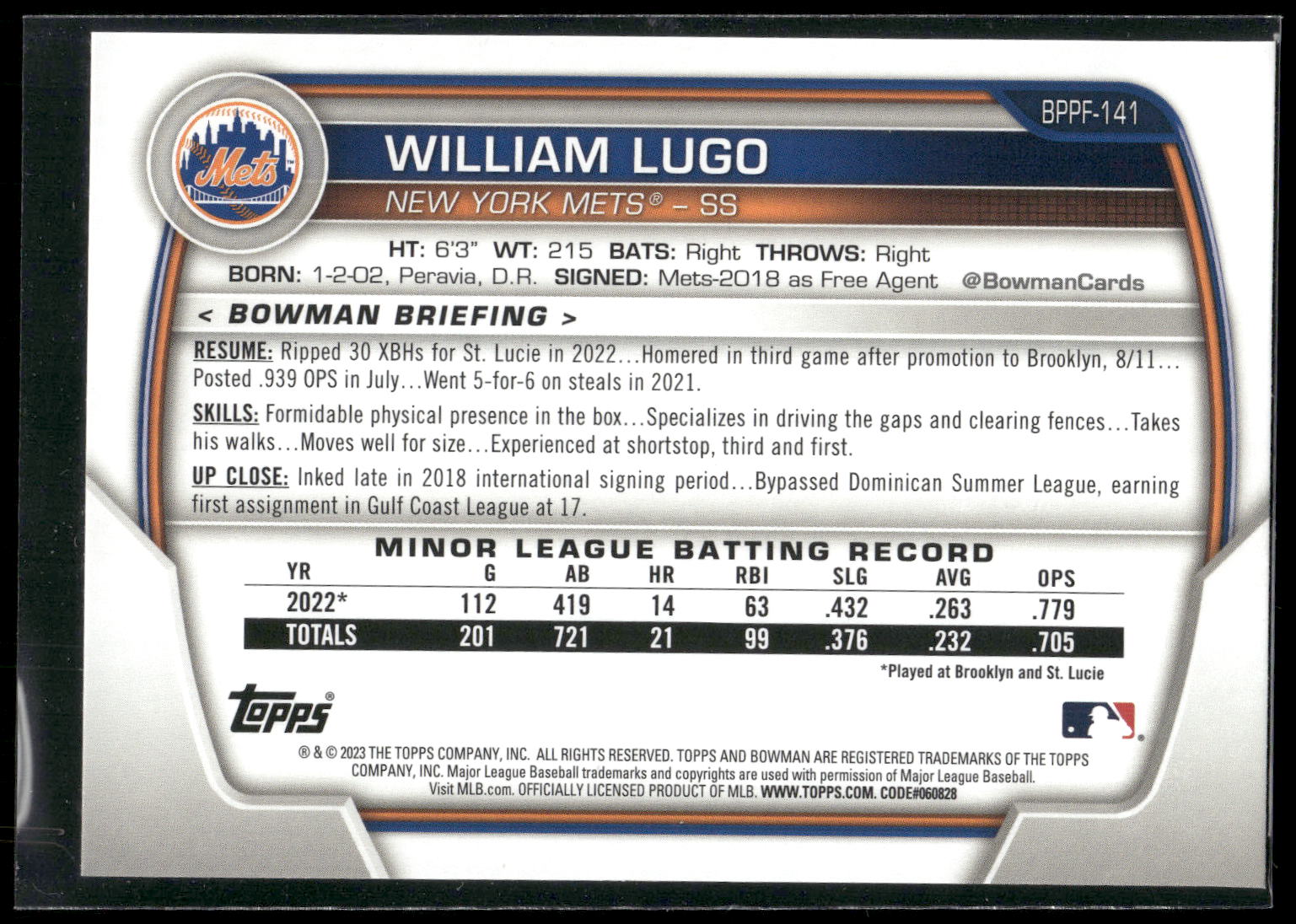 2023 Bowman #BP-141 William Lugo Prospects