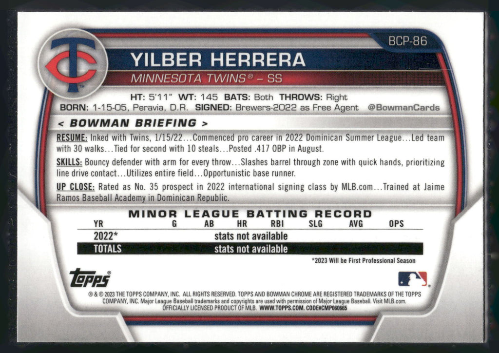 2023 Bowman #BCP-86 Yilber Herrera Chrome Prospects