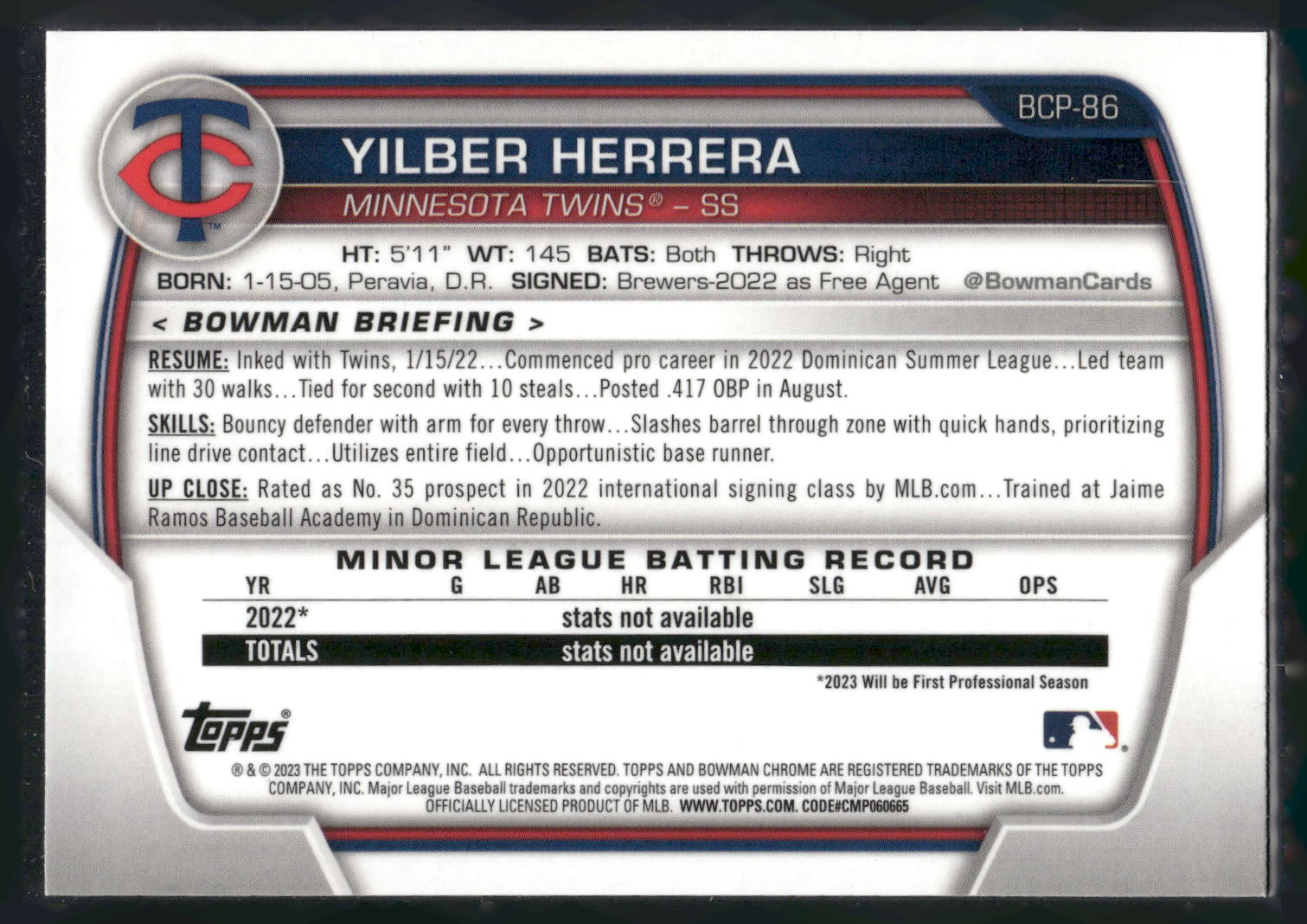 2023 Bowman #BCP-86 Yilber Herrera Chrome Prospects