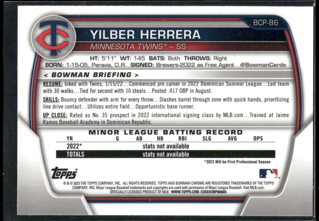 2023 Bowman #BCP-86 Yilber Herrera Chrome Prospects