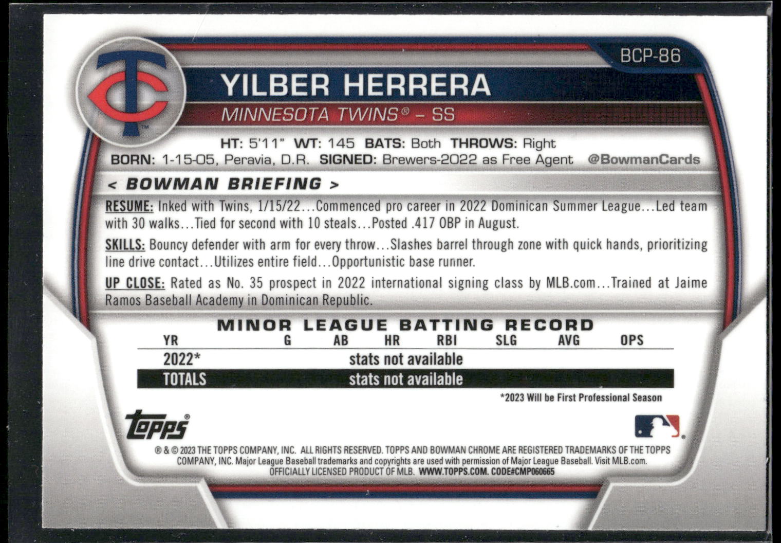 2023 Bowman #BCP-86 Yilber Herrera Chrome Prospects