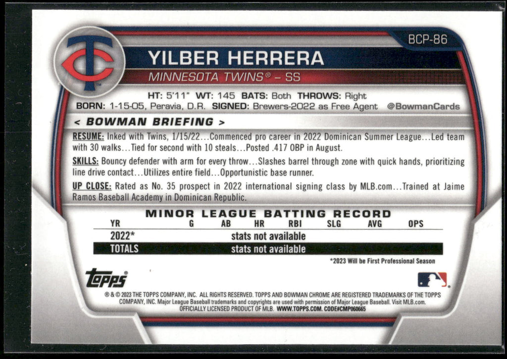 2023 Bowman #BCP-86 Yilber Herrera Chrome Prospects