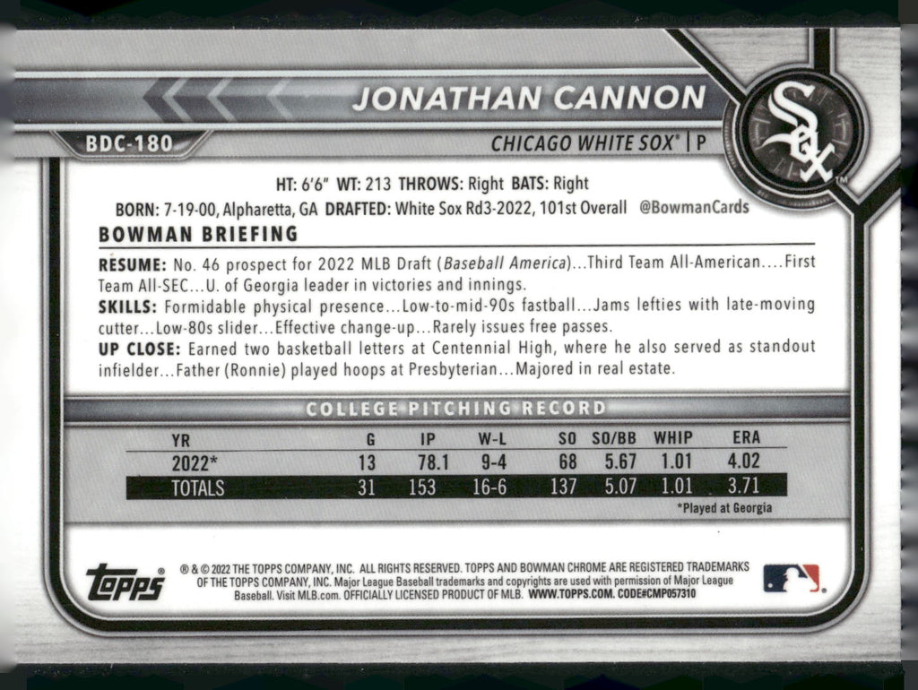 2022 Bowman Draft #BDC-180 Jonathan Cannon Chrome