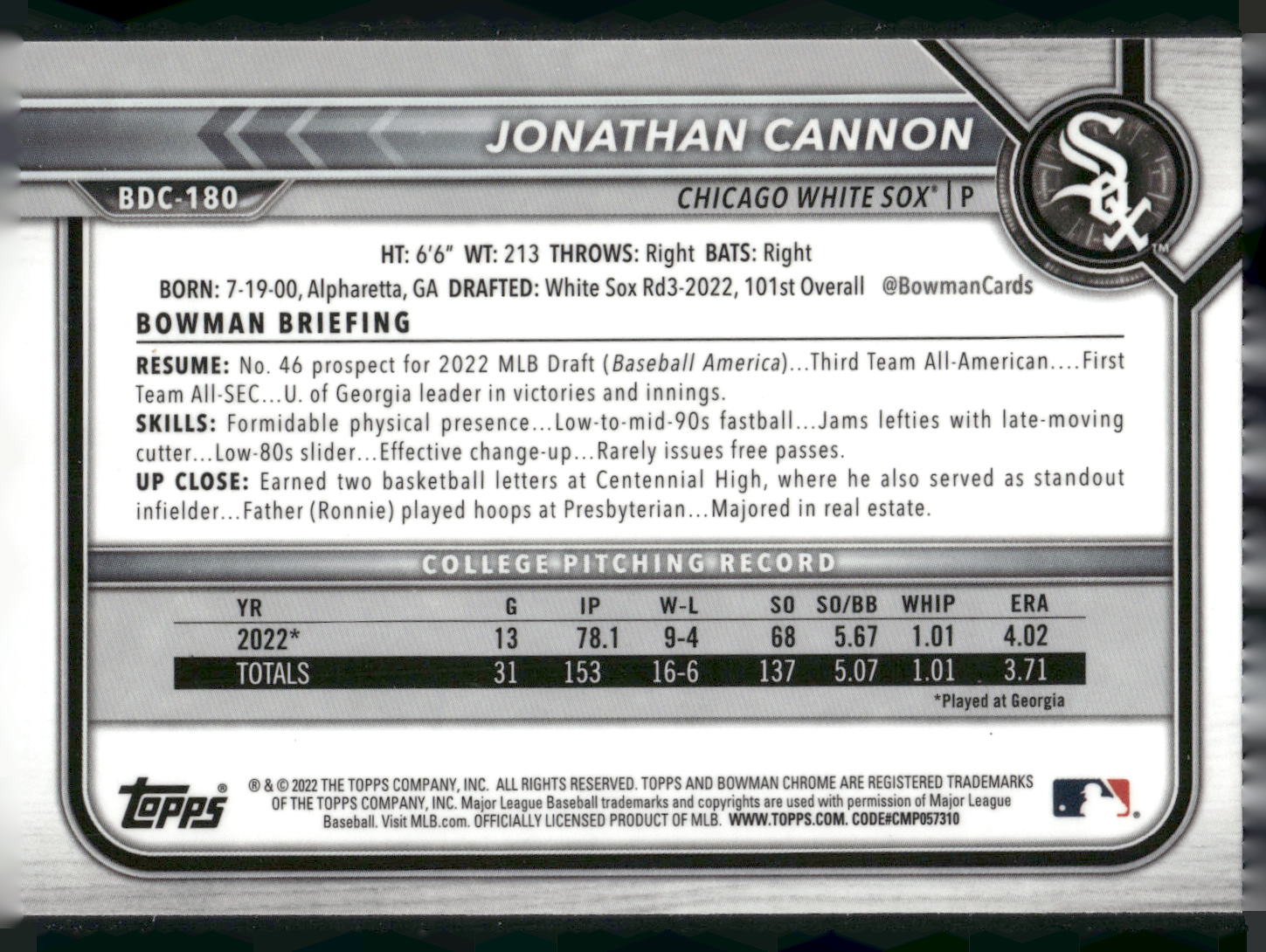 2022 Bowman Draft #BDC-180 Jonathan Cannon Chrome