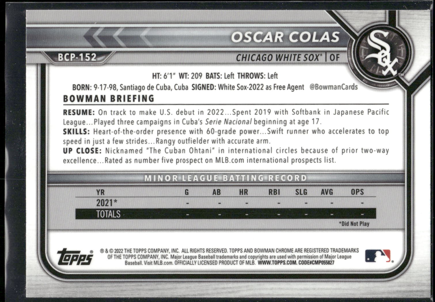 2022 Bowman Chrome #BCP-152 Oscar Colas Prospects