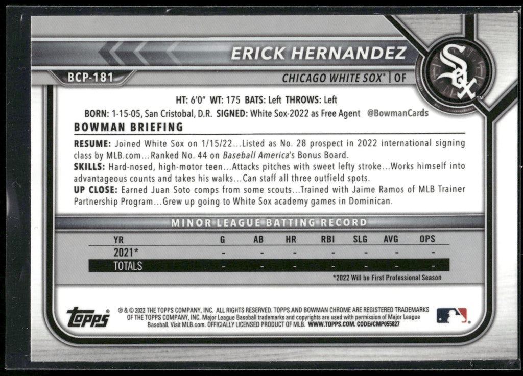 2022 Bowman Chrome #BCP-181 Erick Hernandez Prospects