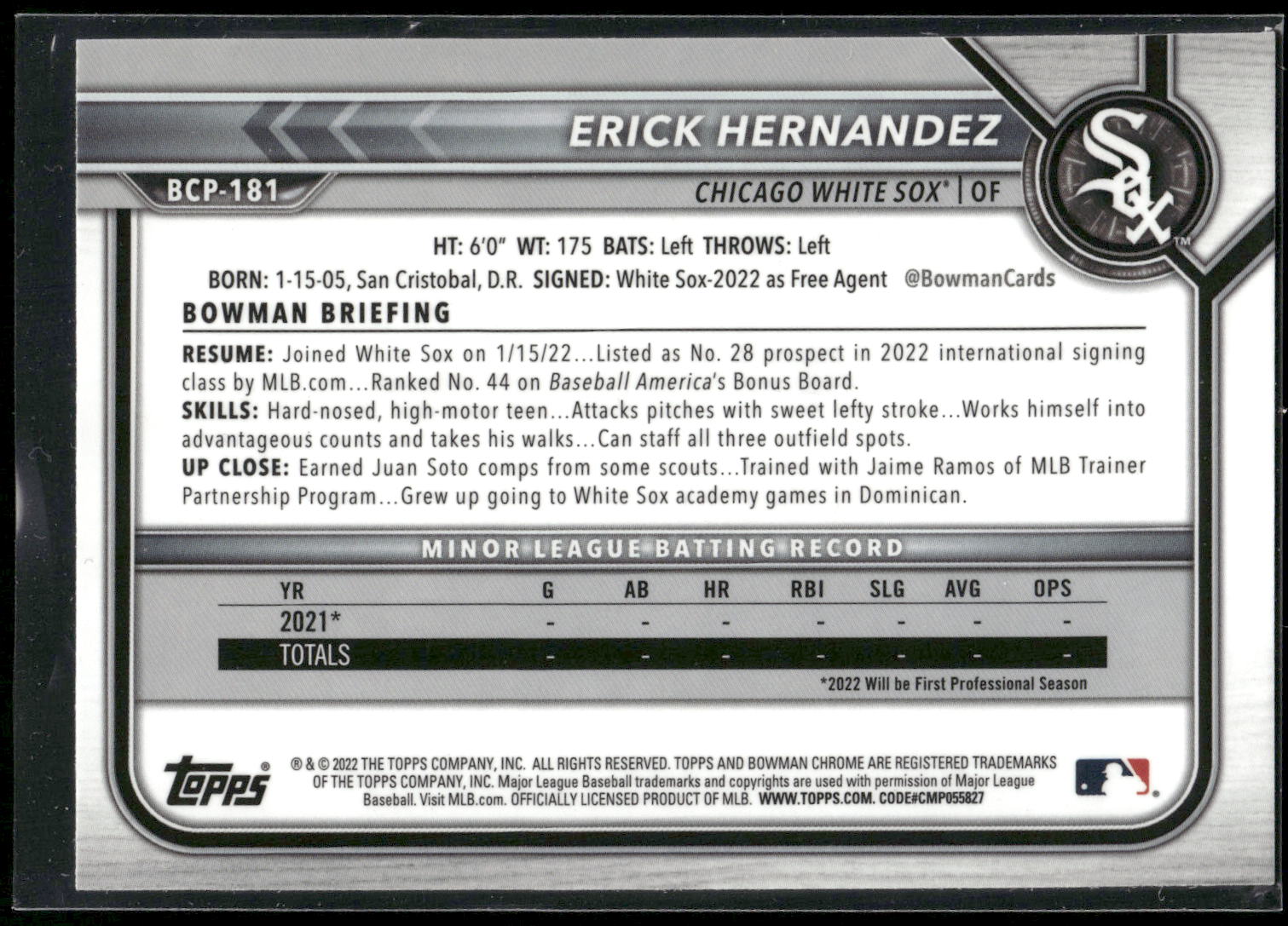 2022 Bowman Chrome #BCP-181 Erick Hernandez Prospects