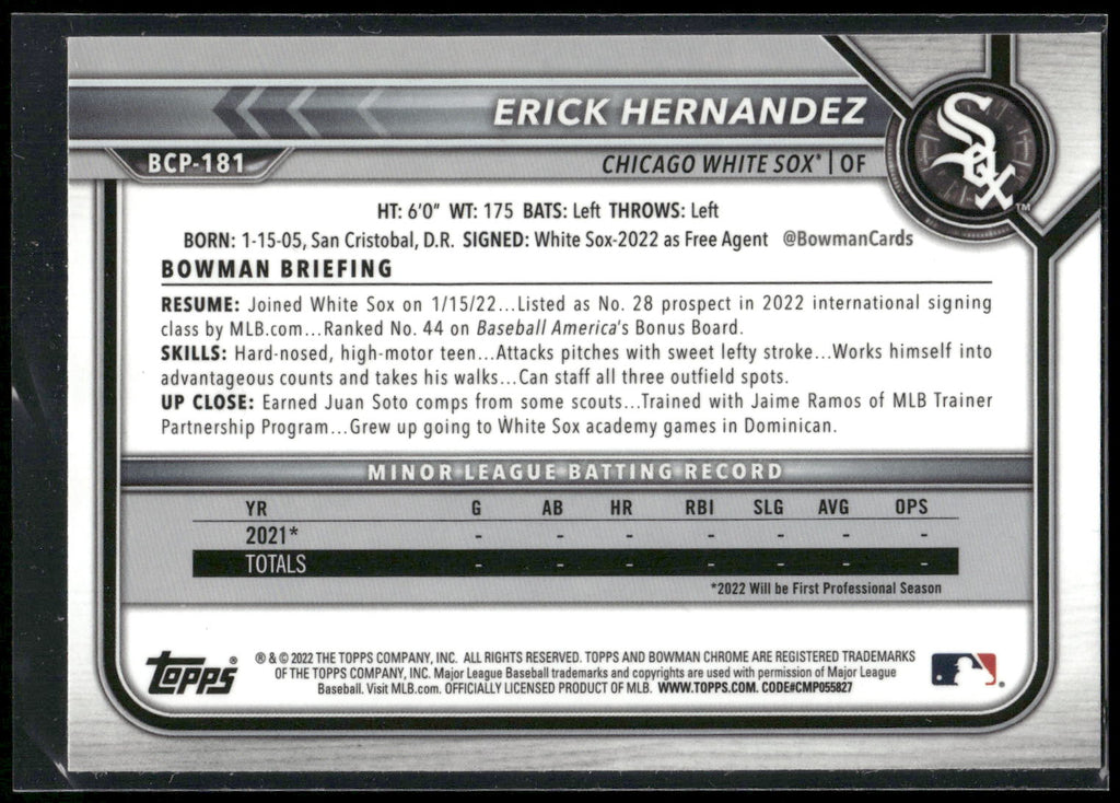 2022 Bowman Chrome #BCP-181 Erick Hernandez Prospects