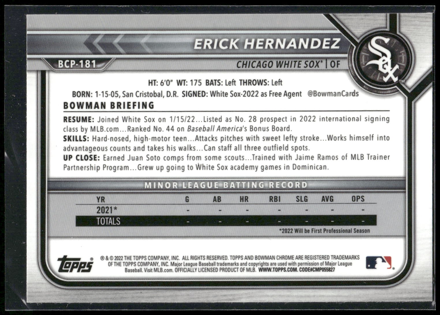 2022 Bowman Chrome #BCP-181 Erick Hernandez Prospects