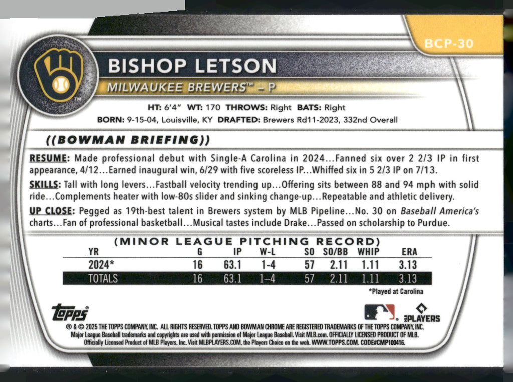 2025 Bowman #BCP-30 Bishop Letson Chrome Prospects